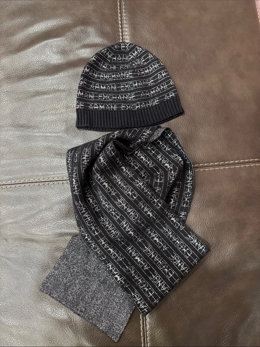 Armani Exchange Black and Gray Logo Knit Beanie & Scarf Set